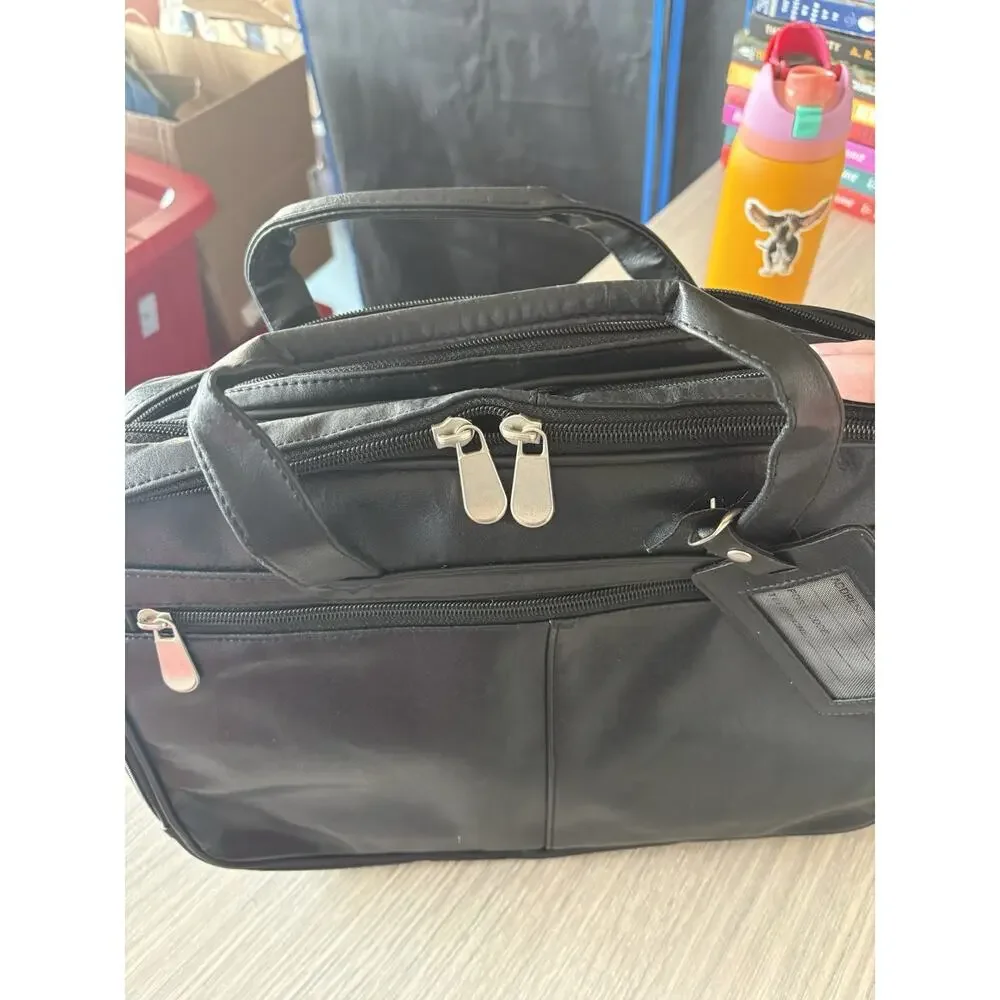 Black Faux Leather Laptop Briefcase Business Bag w/ Shoulder Strap NWOT